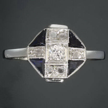 Interesting white gold Art Deco engagement ring with diamonds and sapphires