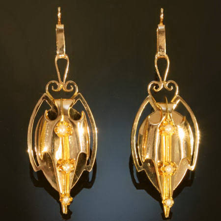 Pink gold long pendent Victorian earrings