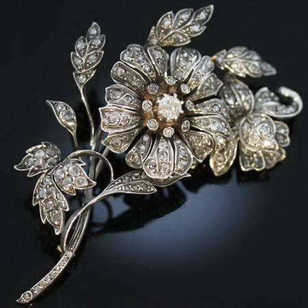 Victorian rose cut diamond flower brooch