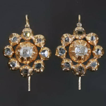 Early-Georgian golden earrings with table cut rose cut diamonds