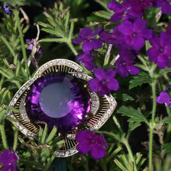 Impressive estate amethyst diamond brooch