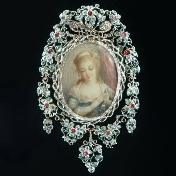 Victorian romantic brooch pendant with painted miniature of Agnes Sorel on ivory and paste stones