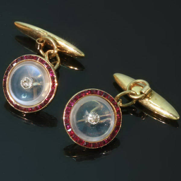 Art Deco cuff links with moonstone, old cut diamonds and carre cut rubies