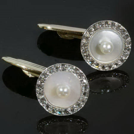 Art Deco cufflinks with rose cut diamonds, pearls and mother of pearl