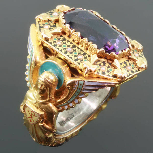 Gold Victorian Bishops ring with stunning enamel work, gem amethyst and hidden ring with stalking wolf