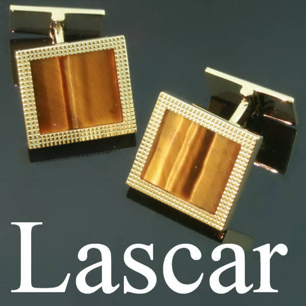 Gold estate cufflinks with tigers eye, signed M.Lascar, Brussels)