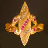 Navette shaped golden four snake or serpent heads Victorian ring with rose cuts