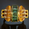 Strong design bi-color golden Retro ring with baguette cut tourmalines