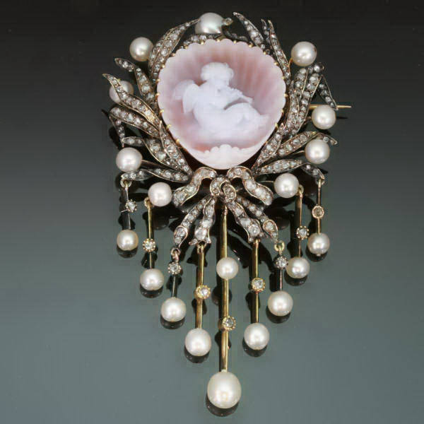 Antique Victorian jewelry brooch with stone cameo angel and diamonds and pearls from the antique jewelry collection of Adin Antique Jewelry, Antwerp, Belgium