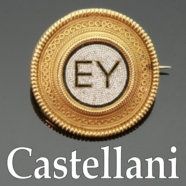 Micro mosaic gold brooch with filigrain by Castellani from the antique jewelry collection of Adin Antique Jewelry Store, Antwerp, Belgium