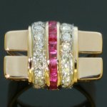 Charming red gold retro ring with rubies and diamonds from the antique jewelry collection of www.adin.be