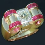 Impressive Retro ring with big old brilliant cut diamond and carre rubies from the antique jewelry collection of www.adin.be