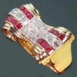 Typical bi-color gold estate Retro ring with rubies and rose cut diamonds from the antique jewelry collection of www.adin.be