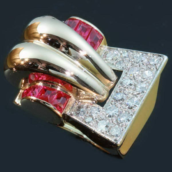 Very strong design handmade Retro ring with diamonds and rubies from the forties from the antique jewelry collection of www.adin.be