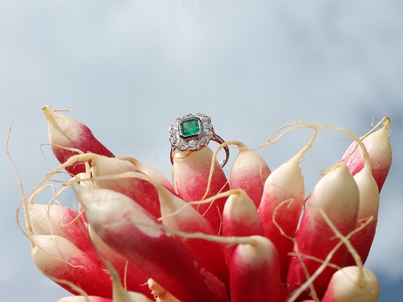Interbellum Art Deco diamond and emerald estate engagement ring