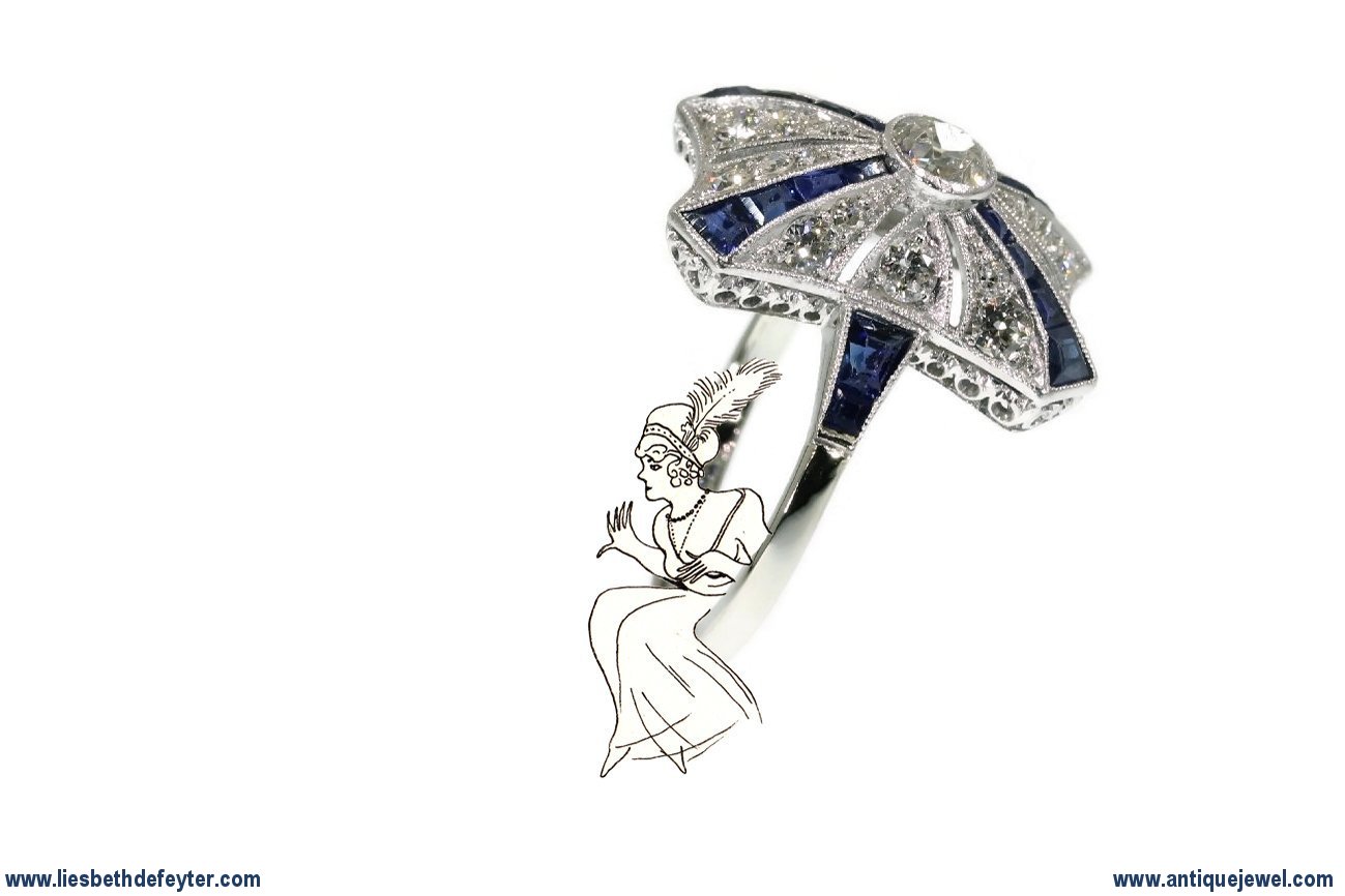 Marvelous Art Deco Belle Epoque antique engagement ring diamonds and sapphires