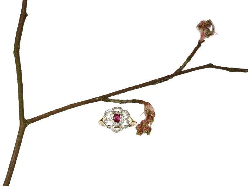 Click the picture to get to this Art Deco roset ring platinum gold diamonds and ruby