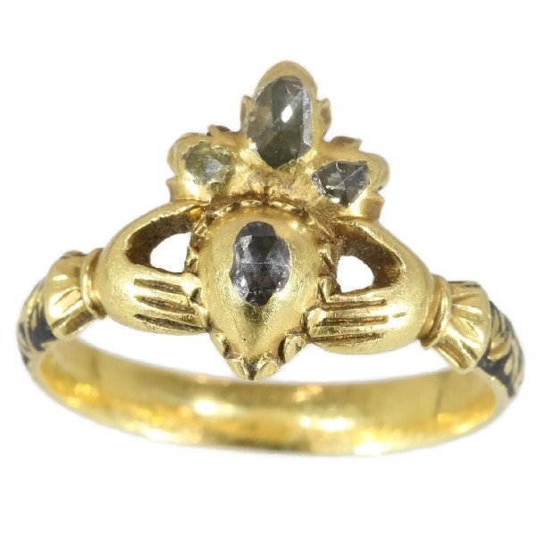 Click the picture to get to see this Extraordinary Claddagh or Fede engagement ring from the early 17th Century.