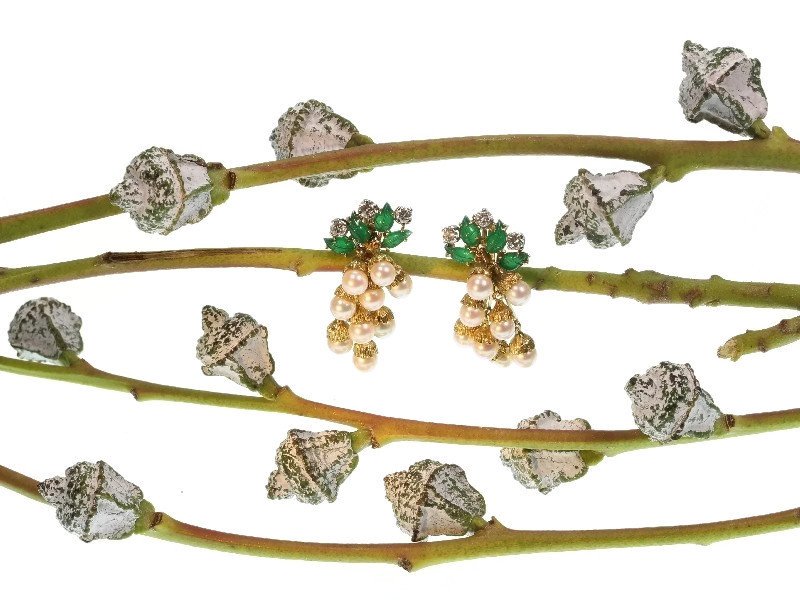 Click the picture to get to see these French estate gold and platinum diamond and pearl earrings with green leaves