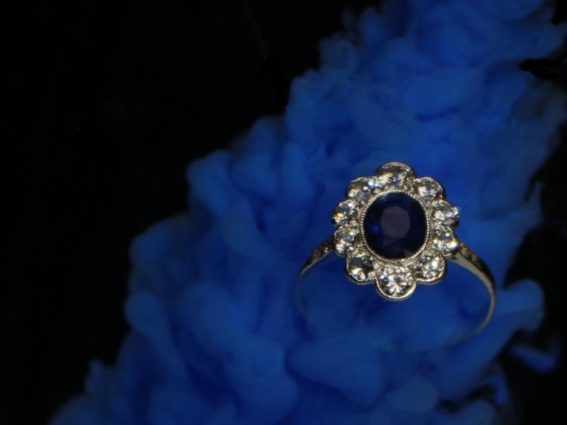 Click the picture to get to see this Vintage platinum Lady Di engagement ring with brilliant and sapphire.