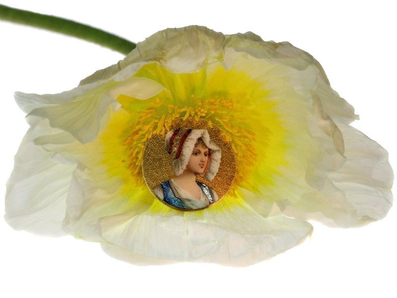 Click the picture to get to see this Antique Victorian brooch with enameled portrait of young French peasant girl.
