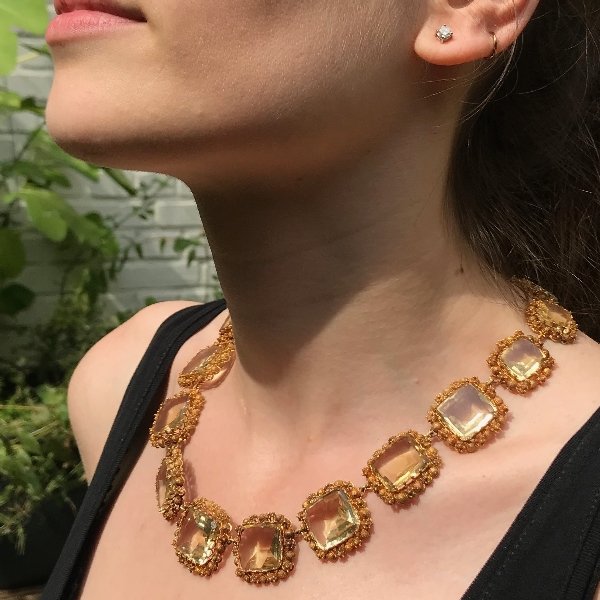 Click the picture to get to see this Antique necklace gold cannetille filigree work with 15 big citrine stones.