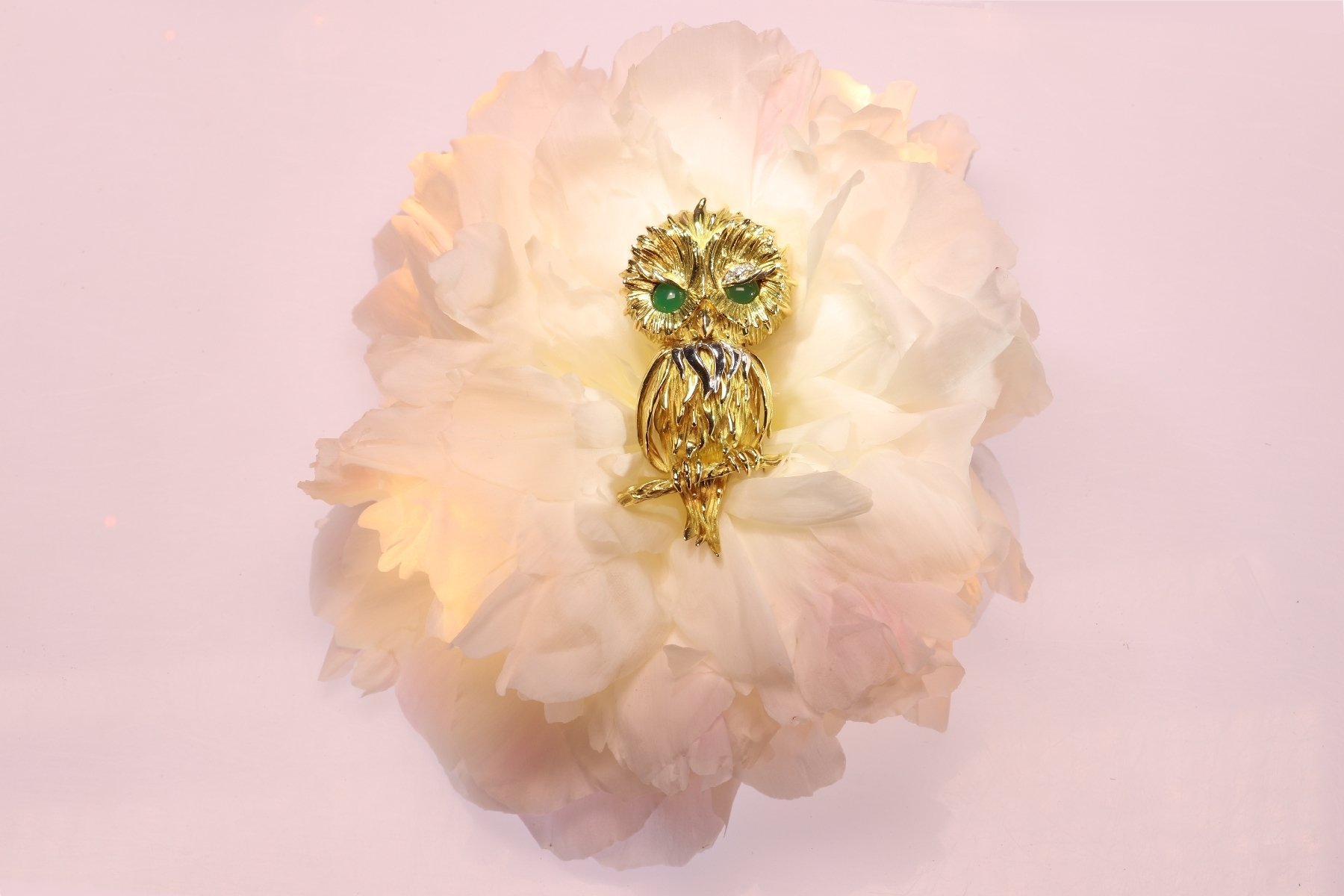 Click the picture to get to see this Vintage Fifties French gold owl with diamond eyebrow.