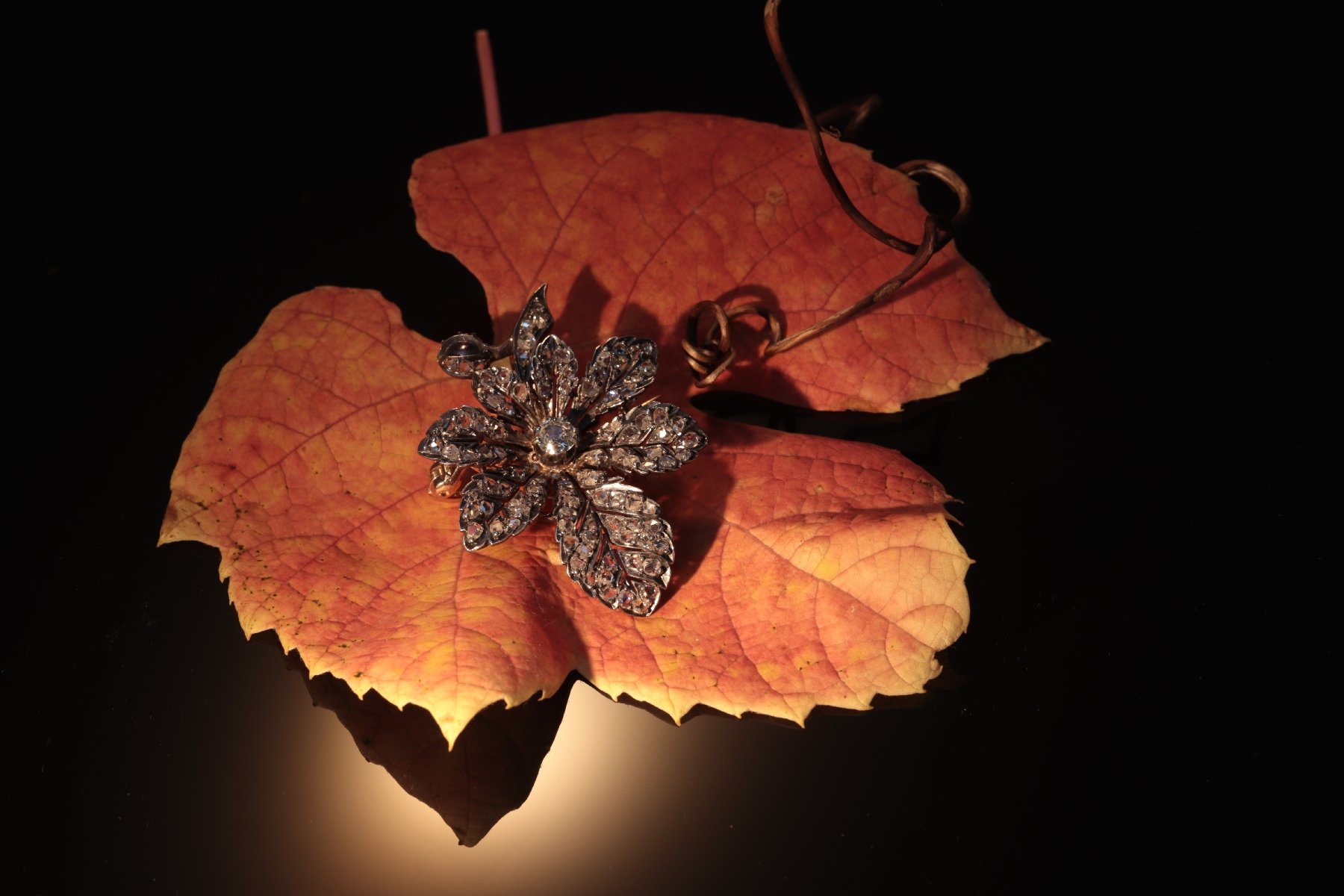 Click the picture to get to see this Antique Victorian chestnut leaf brooch fully embellished with over 100 diamonds.